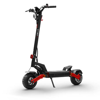 A Varla Eagle One V 2.0 electric scooter with a black and red color scheme, featuring a front suspension, dual hydraulic brakes, and a color display.