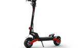 A Varla Eagle One V 2.0 electric scooter with a black and red color scheme, featuring a front suspension, dual hydraulic brakes, and a color display.