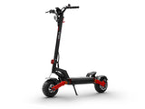A Varla Eagle One V 2.0 electric scooter with a black and red color scheme, featuring a front suspension, dual hydraulic brakes, and a color display.