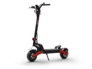 A Varla Eagle One V 2.0 electric scooter with a black and red color scheme, featuring a front suspension, dual hydraulic brakes, and a color display.