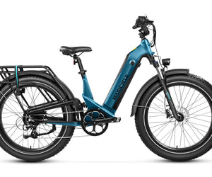 A blue Magicycle Deer 2.0 electric bike with step-thru frame, full suspension, and a display showing torque and cadence sensor data.