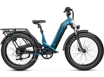 A blue Magicycle Deer 2.0 electric bike with step-thru frame, full suspension, and a display showing torque and cadence sensor data.