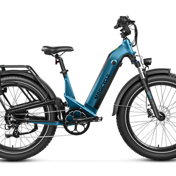 A blue Magicycle Deer 2.0 electric bike with step-thru frame, full suspension, and a display showing torque and cadence sensor data.