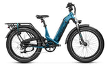 A blue Magicycle Deer 2.0 electric bike with step-thru frame, full suspension, and a display showing torque and cadence sensor data.