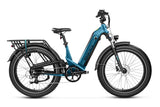 A blue Magicycle Deer 2.0 electric bike with step-thru frame, full suspension, and a display showing torque and cadence sensor data.