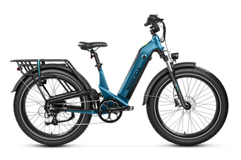 A blue Magicycle Deer 2.0 electric bike with step-thru frame, full suspension, and a display showing torque and cadence sensor data.